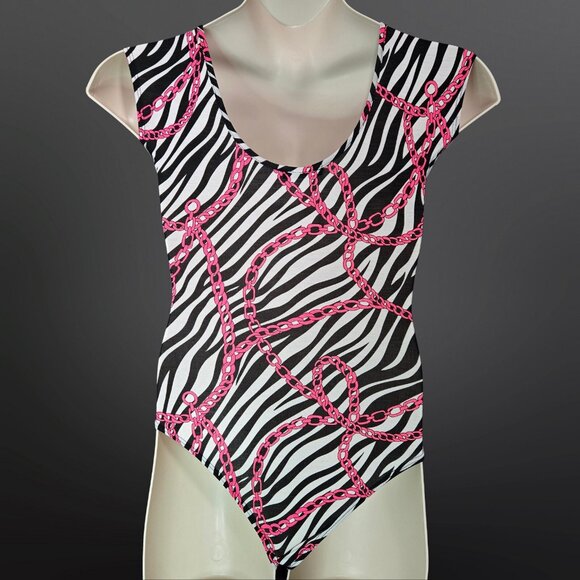 Y2K Zebra Print Bodysuit Top Size M Lace Trim Neon Trashy Mcbling Scene Gyaru - Picture 5 of 9